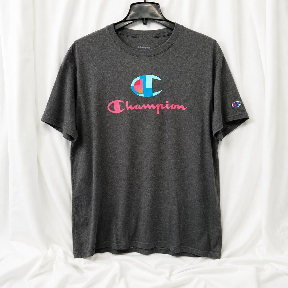 Champion Logo T Shirt Mens XL Gray Blue Red Big Script Graphic Tee Cotton - Picture 1 of 6